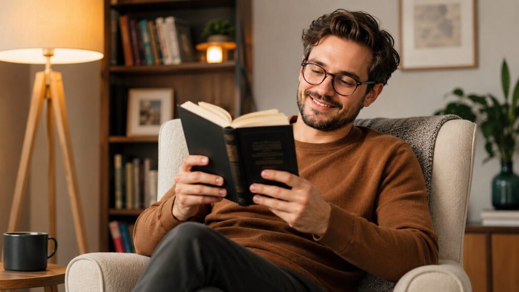 Ein lächelnder Mann sitzt entspannt in einem gemütlichen Wohnzimmer, liest ein Buch und genießt eine ruhige Lesepause in warmer Atmosphäre.