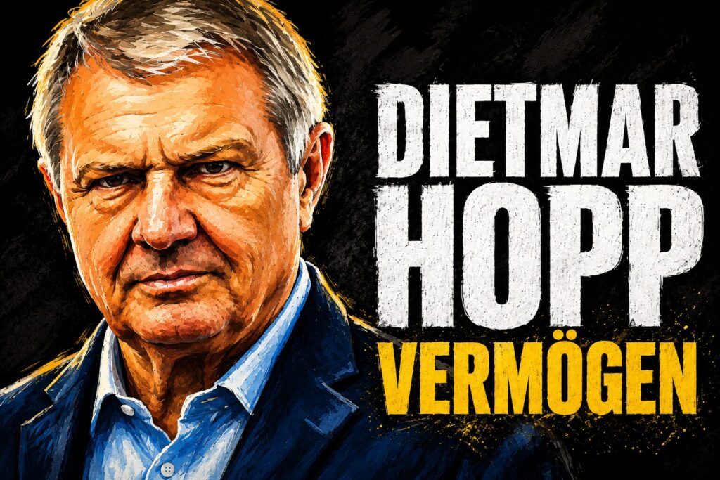 Gezeichnetes Porträt von Dietmar Hopp neben dem Schriftzug „Dietmar Hopp Vermögen“