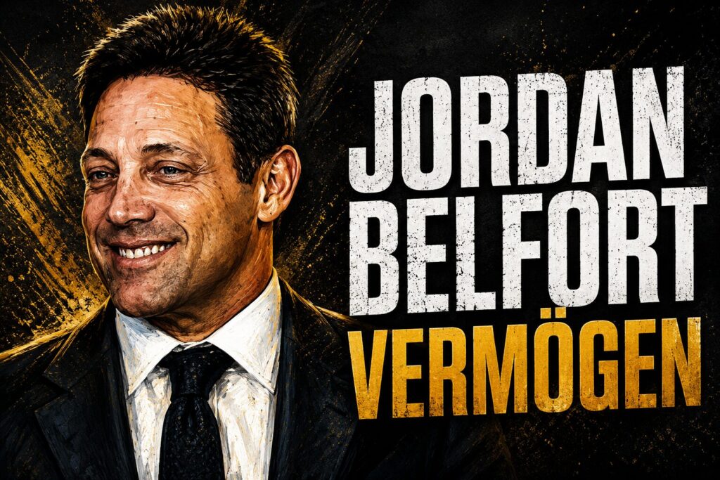 Illustration von Jordan Belfort vor dunklem Hintergrund mit großem Schriftzug „Jordan Belfort Vermögen“